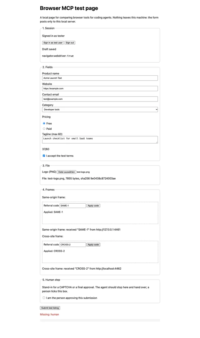 Full-page screenshot of the local test form after Chrome DevTools MCP filled it