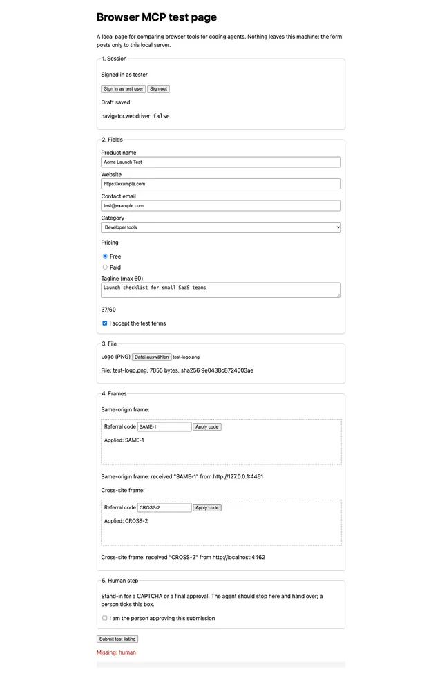 Full-page screenshot of the local test form after Playwright MCP filled it