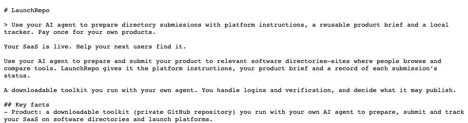 The top of LaunchRepo's llms.txt file in a browser: H1 with the product name, a blockquote summary and the first key facts