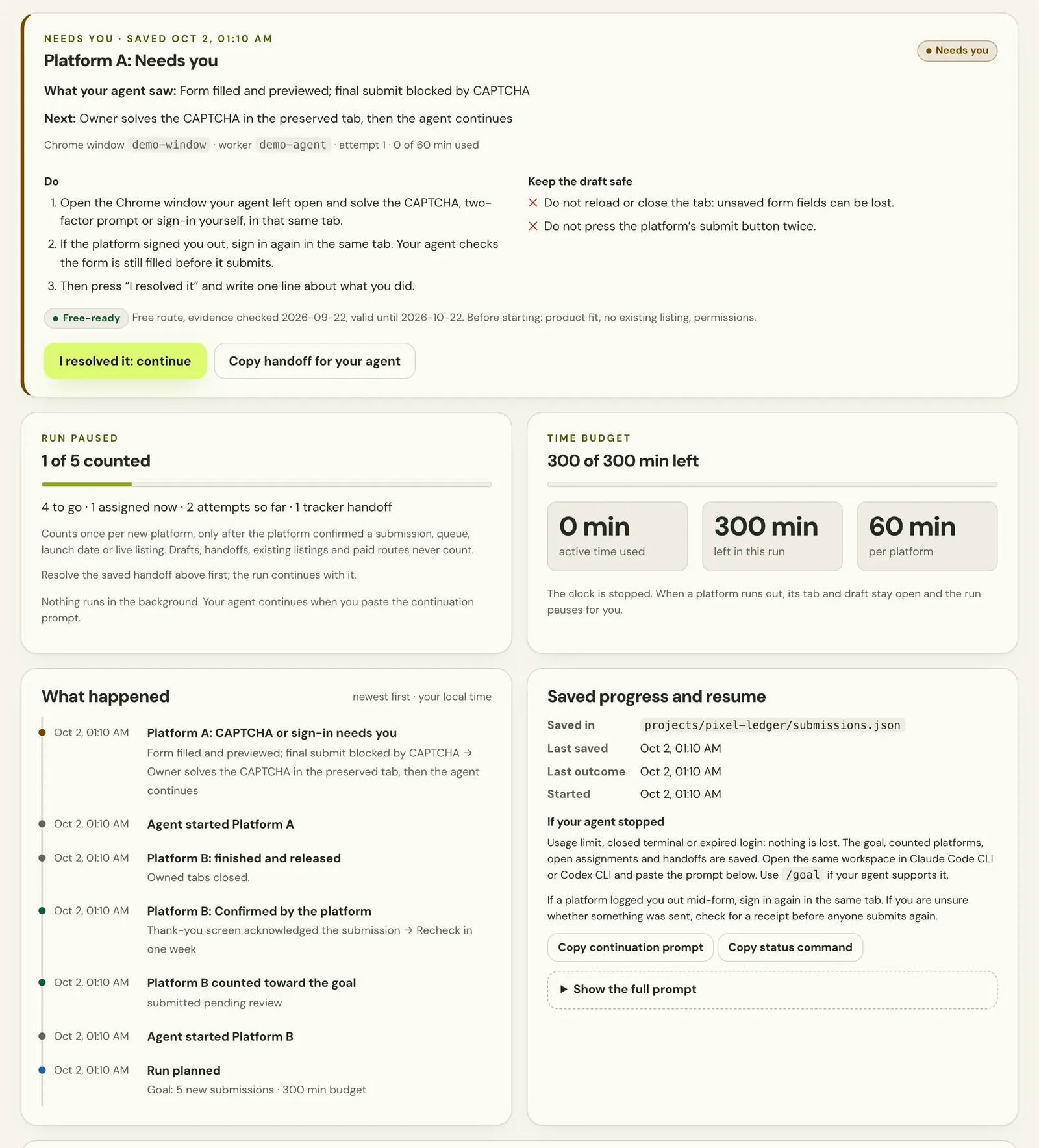 LaunchRepo dashboard Run tab: a saved CAPTCHA handoff with what the agent saw and the next step, run paused at 1 of 5 counted, the time budget, a timeline and the saved-progress card with a continuation prompt